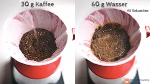 Geben Sie 30 Gramm Kaffee und 60 Gramm Wasser für 45 Sekunden hinein