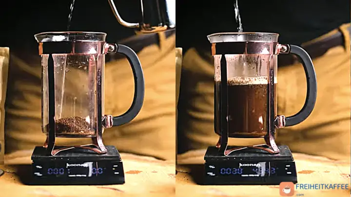 Die 30 g gemahlenen Kaffee und 500 g Wasser auf 95 Grad Celsius erhitzen
